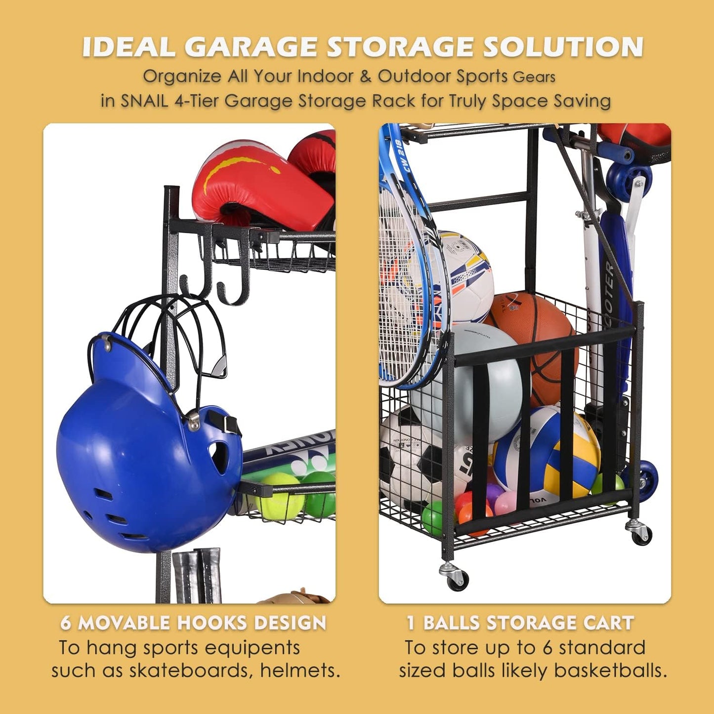 Snail Garage Sports Equipment Storage Organizer Sports Ball Storage Rolling Cart with Basket and Hooks Lockable Sports Ball Cage Storage Rack for Garages, Playgroup, Gym and Schools, Black