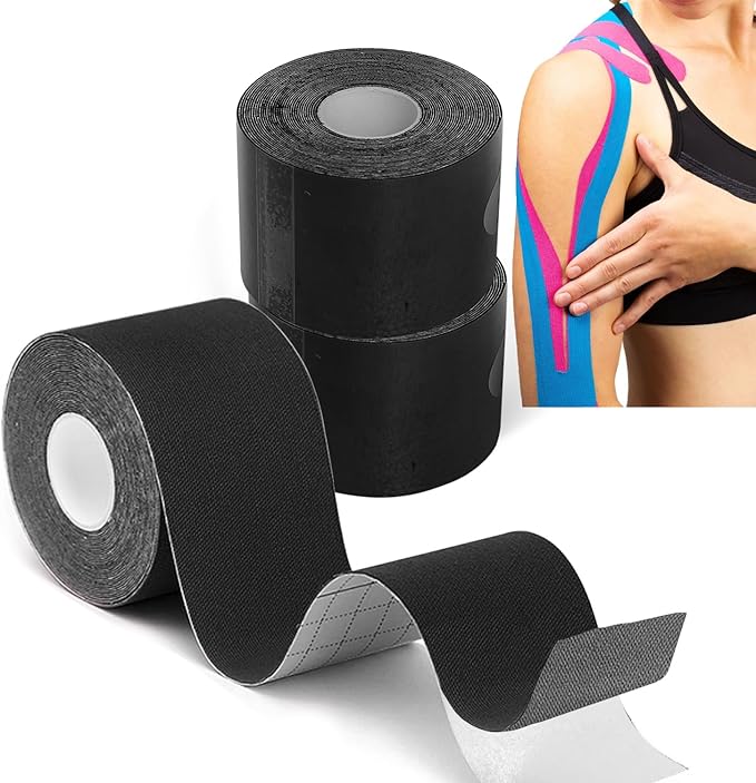 3 Rolls 2inch x 16ft Kinetic Tape Breathable Hypoallergenic Elastic Athletic Tape for Ankle Wrists Knees Elastic Running Tennis Swimming Football Sports Activities Tape Muscle Pain Relief Black