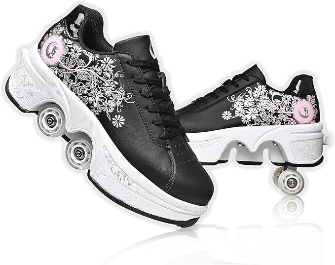 Roller Skate Shoes for Women Four Rounds Children's Roller Skates Shoes That Turn into Rollerskates Sneakers Outdoor Light Shoes with Wheels for Girls/Boys