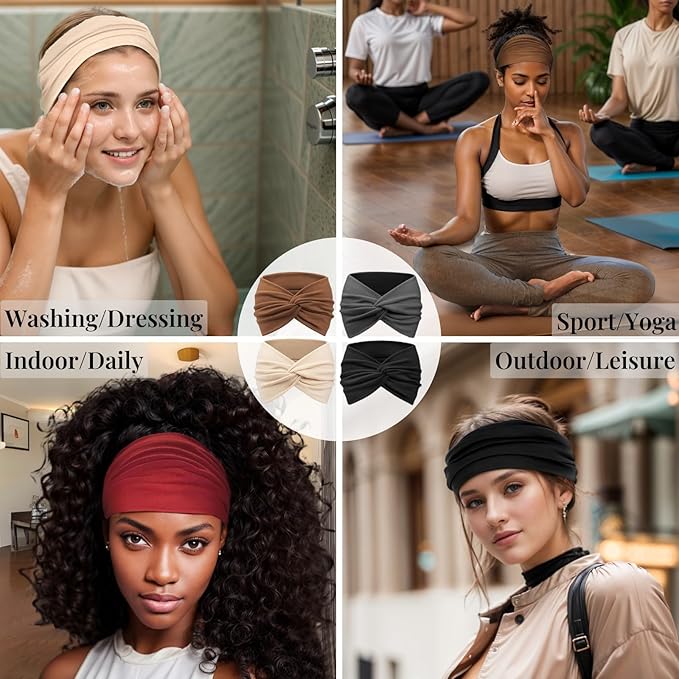 Wide Headbands for Women Yoga Running Sports Headhand Bandana Boho Non Slip Sweat Head Bands Accessories 4 Pack