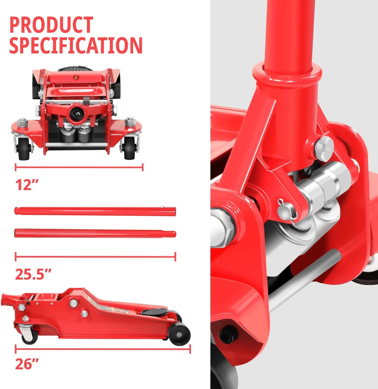 DNA MOTORING Low Profile Hydraulic Trolley Service/Floor Jack, 4 Ton (8000 lbs) Capacity, Lifting Range 4.5"-20",Red,TOOLS-00307