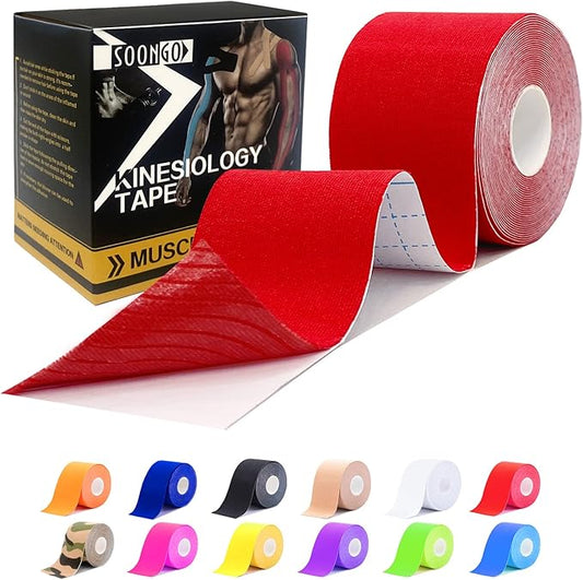 Kinesiology Tape Pro 1/2 /5 Rolls, 2 Inch High Elasticity Sports Tape Therapeutic Pain Relief–Physio Tape for Muscle Recovery & Joint Support, Waterproof & Hypoallergenic & Breathable–Red