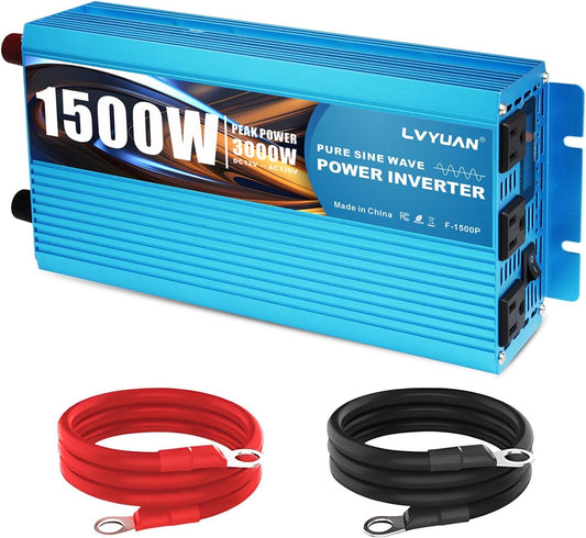 LVYUAN 1500 Watt Pure Sine Wave Inverter 12V to 110V 120V DC to AC with LCD Display, 3 U.S. Outlet, USB Charger Ports, Car Power Inverter for Vehicles, RV, Outdoor, Home