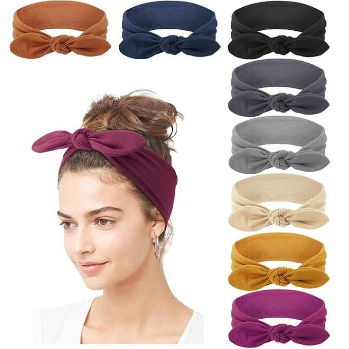 DRESHOW 8 Pack Adjustable Knotted Headbands Non Slip Elastic Yoga Hair Bands Solid Colors Headbands for Women and Girls
