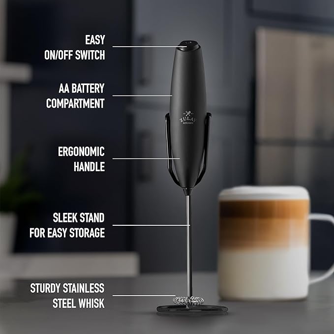 Zulay Kitchen Executive Series Milk Frother Wand - Upgraded & Improved Stand - Ideal Coffee Gift - Coffee Frother Handheld Foam Maker For Lattes - Electric Milk Frother Handheld For Cappuccino