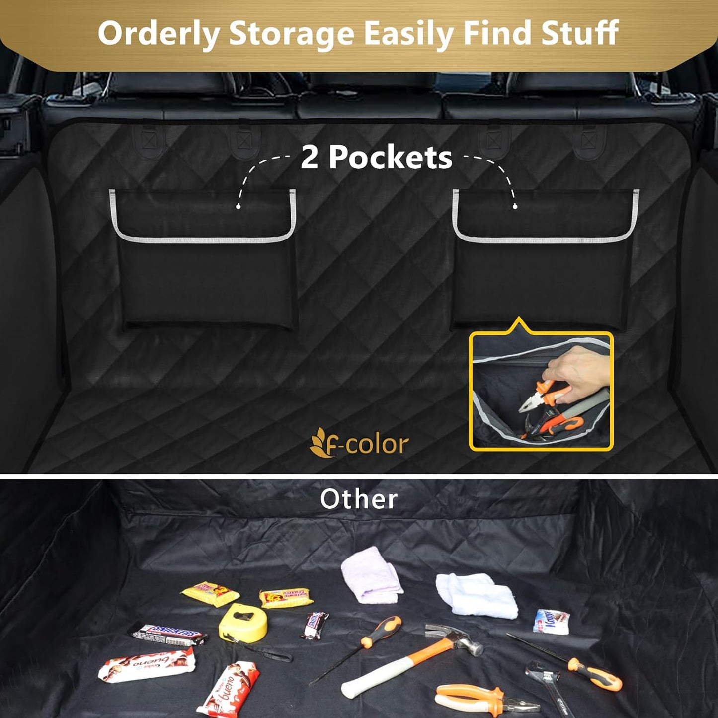 F-color SUV Cargo Liner for Dogs - Waterproof Pet Cargo Liner with Side Flaps, Comfort Dog Cargo Cover with Bumper Flap 2 Pockets, Scrachproof Non-slip Large Size Universal Fit SUVs Sedans Vans, Black