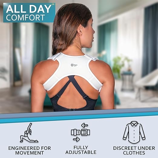 Upper Back Posture and Neck Hump Corrector - for Women and Men - Support Brace and Straightener for Pain Relief - Rounded Shoulder and Buffalo Hunchback Alignment - Discreet Under Clothes - White