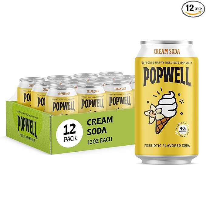 Popwell Cream Soda Caffeinated Better-For-You Prebiotic Soda, with 6g Fiber, 1g Sugar, Vitamins and Immunity Support, 12 fl oz Cans (pack of 12)