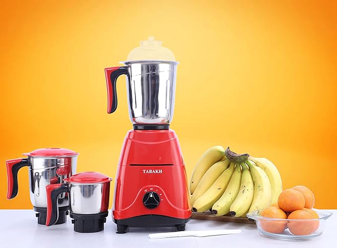 TABAKH Indian Mixer Grinder | 3 Stainless Steel Jars | 650 Watts | 110-Volts | Red