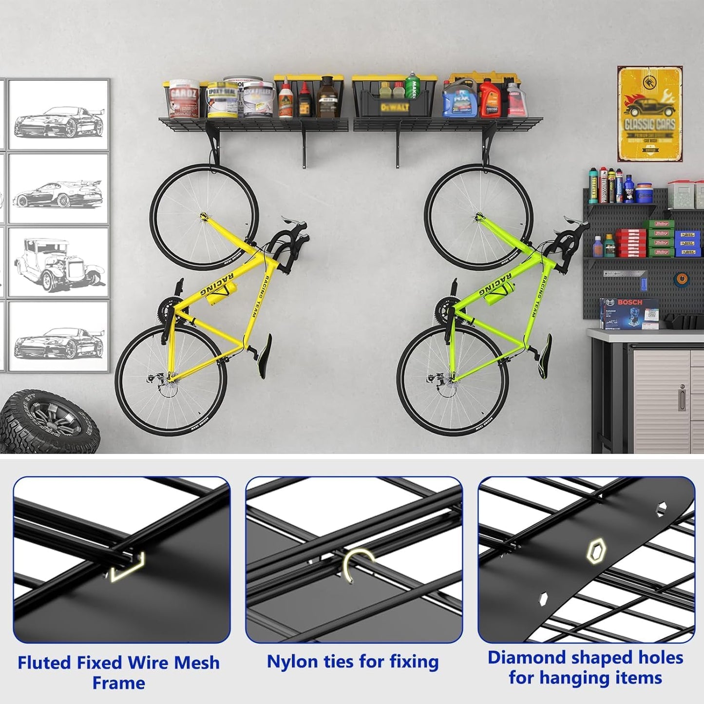 4-Pack Garage Wall Shelving, 2x4ft Walls Shelf Storage Rack, Sturdy Walls Shelves for 1200LBS, Black, Heavy Duty Shelving Wall Mounted for Garage, Kitchens, Storeroom, Basement, 47.2" x 23.6"