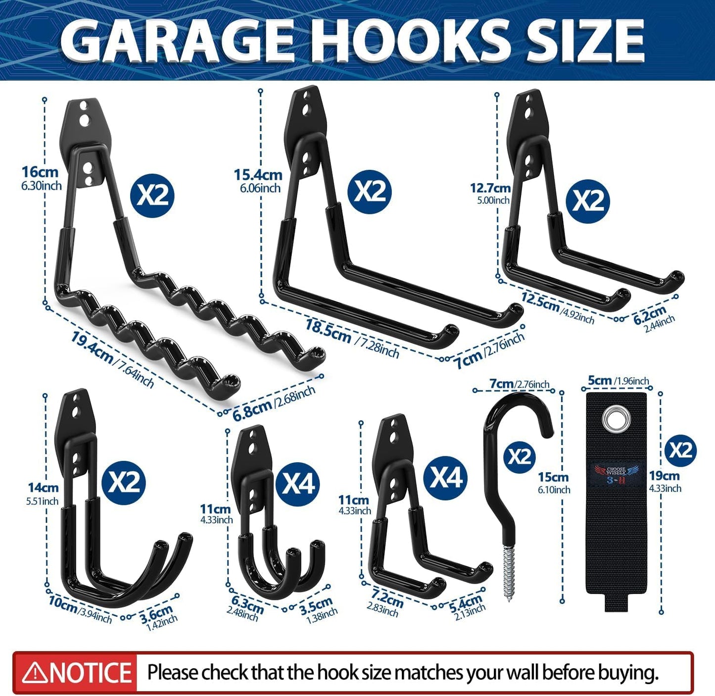 3-H Garage Wall Hooks 60 Pack, Heavy Duty Garage Hooks with Extra Welding Spots, Wall Mount Storage Organizer for Hanging Garden Lawn Tools, Ladder, Bike, WeedEater, Chair, Shovel, Blower (Black)