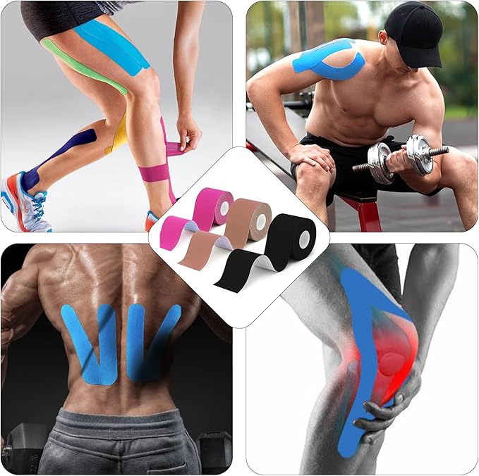 Kinesiology Tape Pro Athletic Sports-3 Rolls,16ft Uncut Strips Breathable Latex Free Muscle Tape for Ankle Wrists Knee Elastic Running Tennis Swimming Football Sports Activities Tapes(Black Blue Pink)