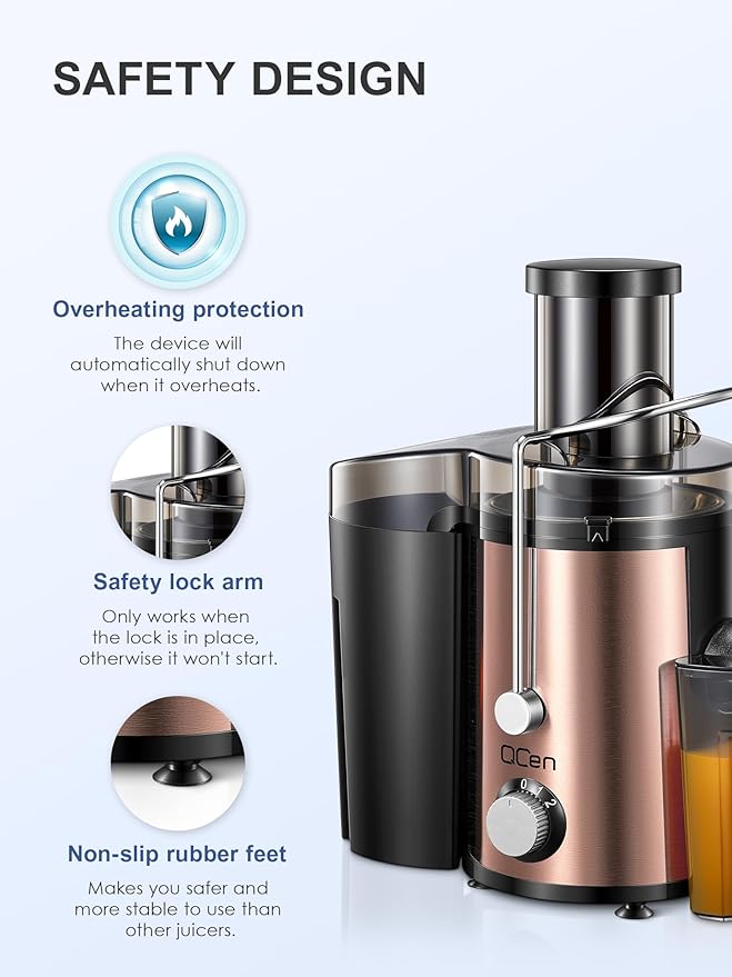 QCen Juicer Machine, 800W Centrifugal Juicer Extractor with Wide Mouth 3” Feed Chute for Fruit Vegetable, Easy to Clean, Stainless Steel, BPA-free (Rose Gold)
