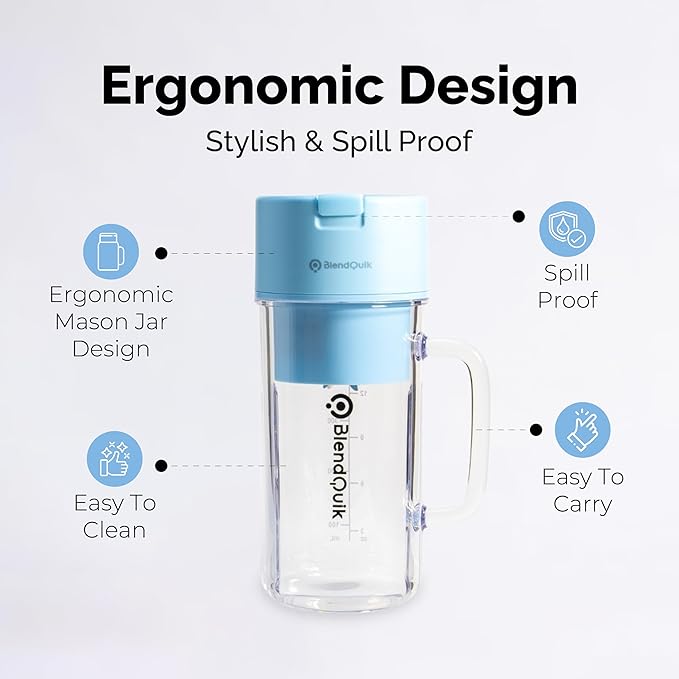 Personal Portable Blender For Shakes & Smoothies, Leakproof & Stylish Portable Mason Jar Shaker, Rechargeable Mini Blender with 10-Blade Blending System 14oz, Sky Blue