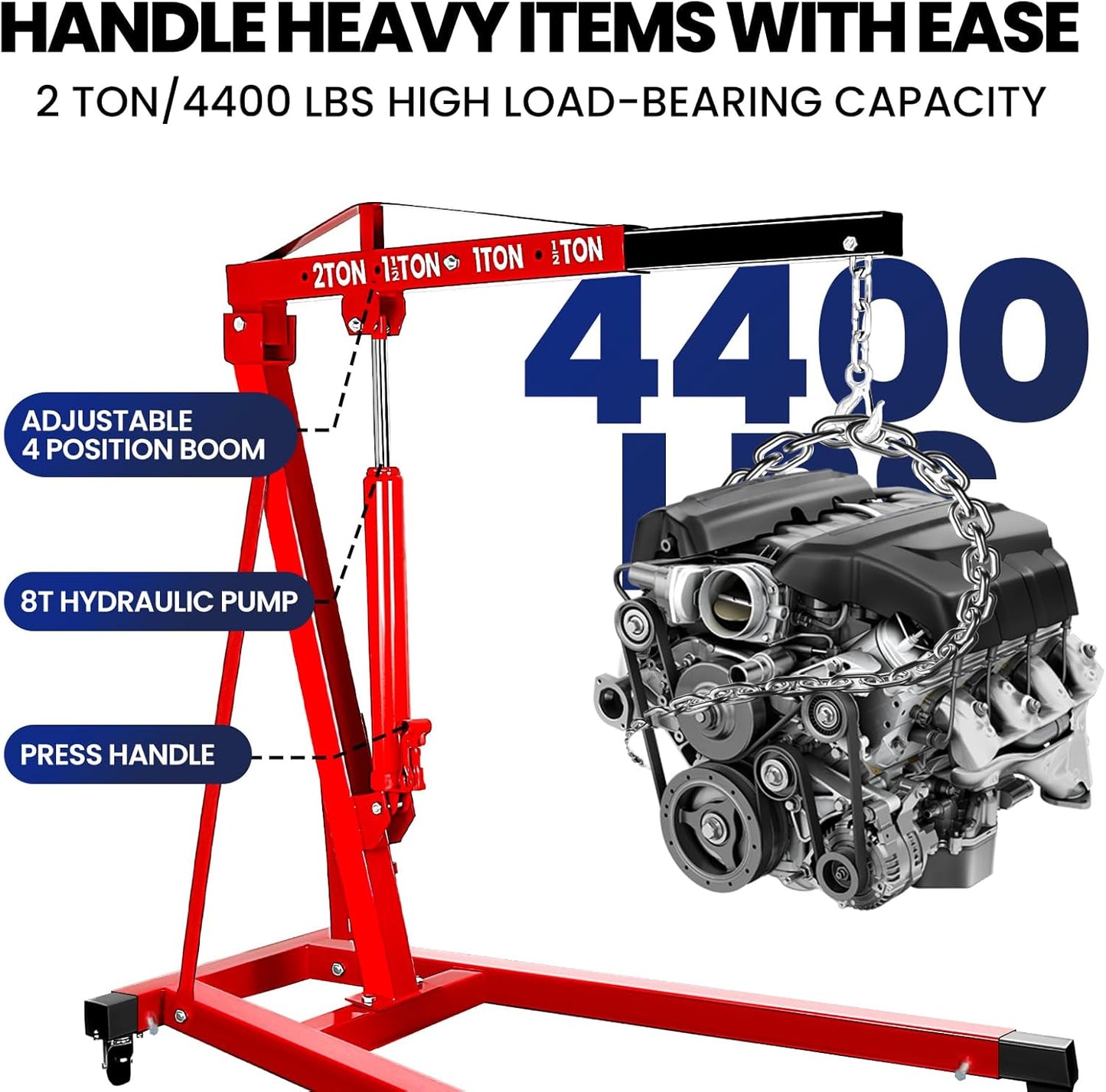 2 Ton Engine Hoist, Carbon Steel Cherry Picker Engine Hoist with 4 Casters, Hydraulic Engine Crane Hoist Cherry Picker Shop Crane for Garage Factory Warehouse, Red