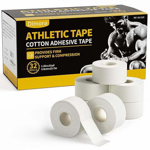 Dimora Athletic Tape, Easy Tear Sports Tape with Serrated Edges, Strong Adhesion, No Residue, Ideal for Gymnastics, Boxing, Lacrosse, Hockey and First Aid (White, 1.5 in x 45 ft, Pack of 32)