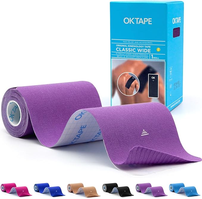 OK TAPE Extra Wide Kinesiology Tape, Precut K Tape Strips, Elastic Physical Therapy Athletic Tape for Pain Relief & Joint Support | Back, Shoulder, Knee (4" x 10" - 10Pcs) Purple