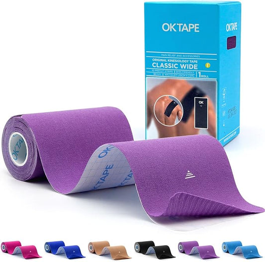 OK TAPE Extra Wide Kinesiology Tape, Precut K Tape Strips, Elastic Physical Therapy Athletic Tape for Pain Relief & Joint Support | Back, Shoulder, Knee (4" x 10" - 10Pcs) Purple