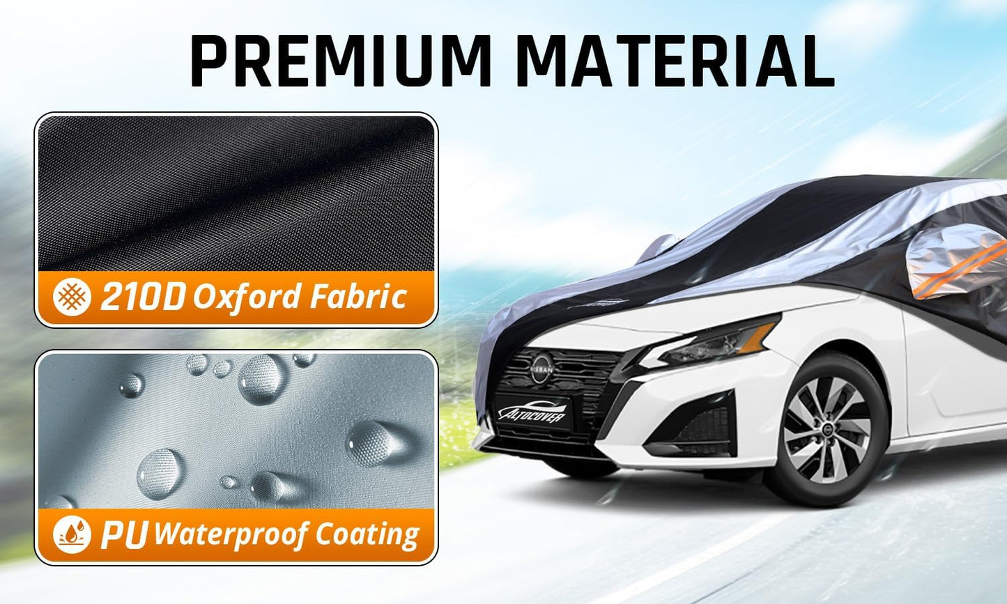 Altima Car Cover Waterproof All Weather with Silver Strip Design, Custom Fit for Altima 2005–2025, Altima Accessory with Door Zipper & Windproof Straps