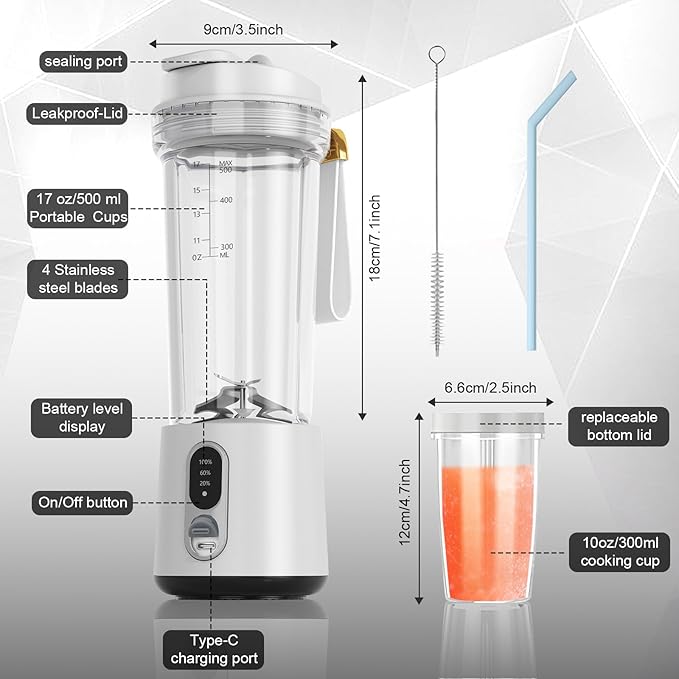 Portable Blender for Smoothies and Shakes, 2 Portable Blender Cups, 17 &10 oz Cordless Personal Small Blender with Straw Brush&Lid, USB-C Rechargeable, Quiet Mini Travel Blender, White
