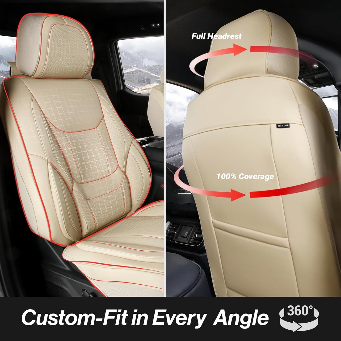 Coverland Custom Car Seat Covers Compatible with F150, Raptor, F250, F350 Super Duty - Premium Leather Non-Slip Memory Foam Waterproof Interior Protector Full Set-Beige [See Size Chart-Size X110]
