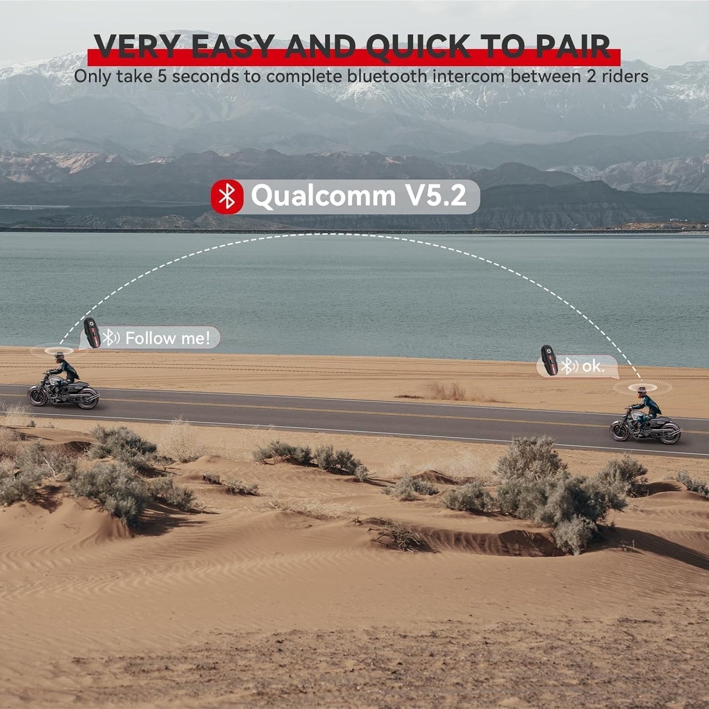 Motorcycle Bluetooth Headset V5.2 with Music Sharing, 2-Way Motorcycle Helmet Bluetooth with IP67 Waterproof, Helmet Intercom Communication Systems for Snowmobile/ATV/Ski, 1 Pack