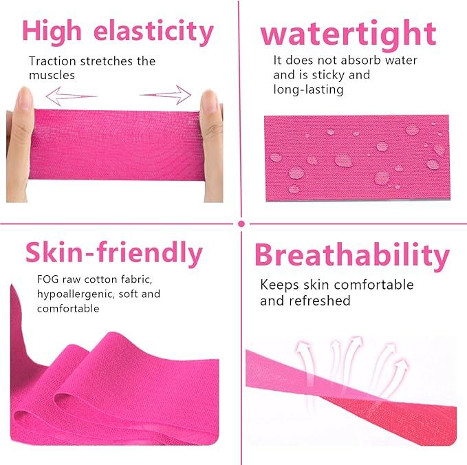Kinesiology Tape Pro 2 Rolls, 2 Inch High Elasticity Sports Tape Therapeutic Pain Relief–Physio Tape for Muscle Recovery & Joint Support, Waterproof & Hypoallergenic & Breathable–Pink