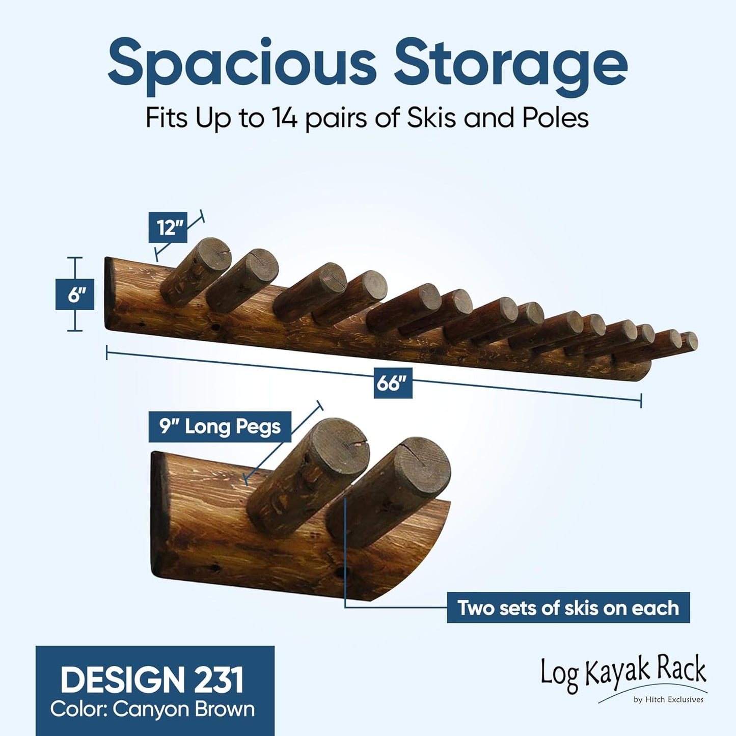 14-Place Log Ski Rack Wall Mount, Indoor Ski Storage Rack for Garage Organizers, Wooden Skis Wall Mount Storage Racks, Pole Skis Sports Racks, Garage Organization Walls - Canyon Brown