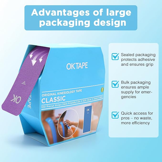 OK TAPE Kinesiology Tape Pre Cut Strips Bulk (100 PCS),Elastic Cotton Latex Free Hypoallergenic Athletic Tape Roll for Muscle Joint Knee,Waterproof k Tape 2in×10in/PCS