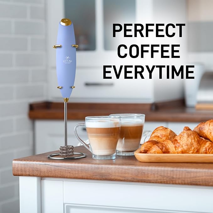 Zulay Kitchen Tornado Whisk Milk Frother with 4 AA Duracell Batteries - Triple Whisk for More Power - Handheld Coffee Frother with Stand - Drink Mixer for Lattes, Matcha & Protein Shakes