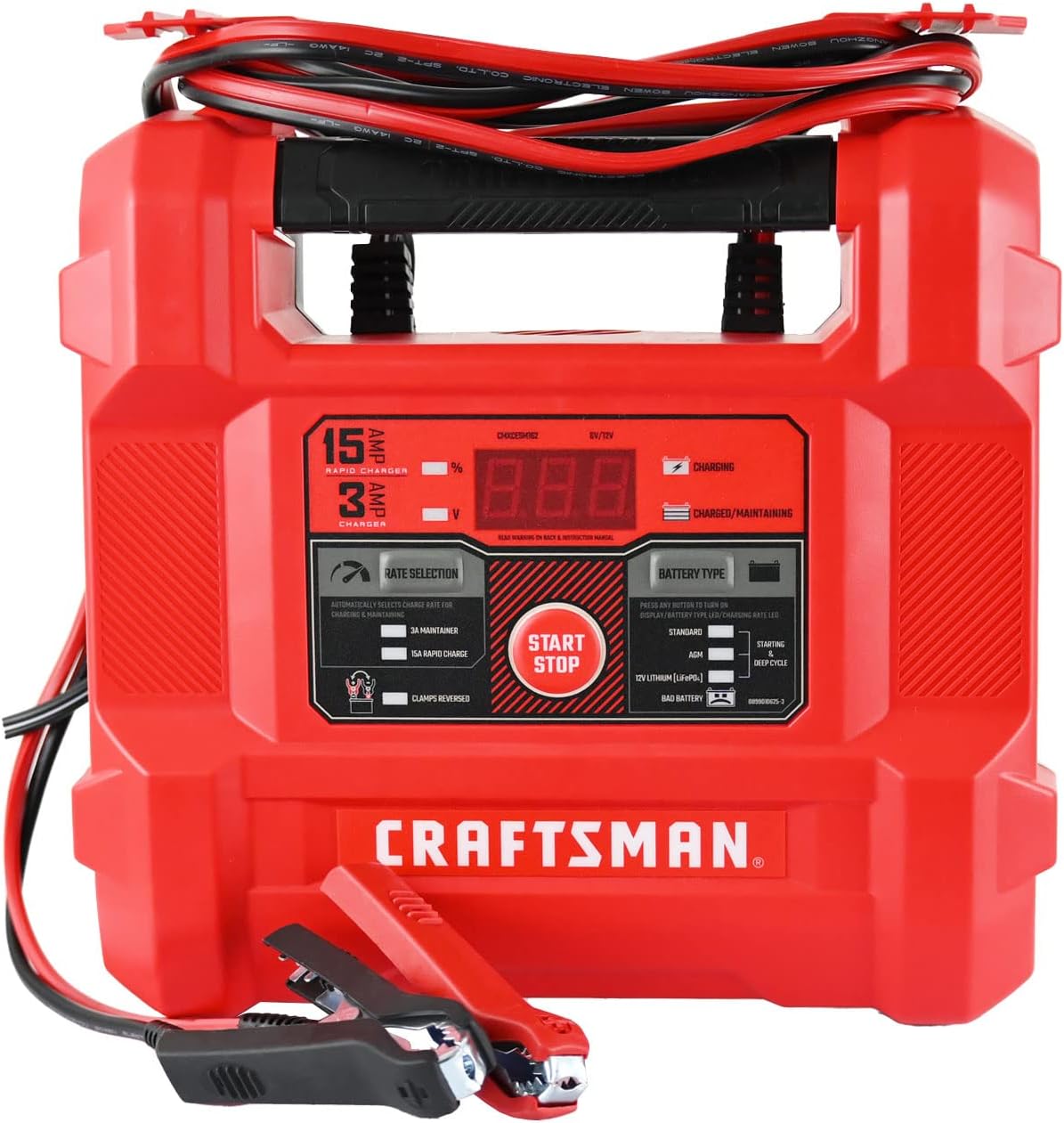 CRAFTSMAN Battery Charger and Maintainer, CMXCESM162, 4-in-1, Fully Automatic, Battery Tester, 15 Amps, 6 Volt, 12 Volt, for Car, SUV, Truck and Marine Batteries