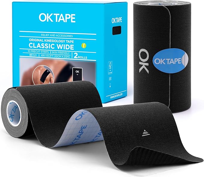 OK TAPE Extra Wide Kinesiology Tape, Precut K Tape Strips, Elastic Physical Therapy Athletic Tape for Pain Relief & Joint Support | Back, Shoulder, Knee (4" x 10" - 20Pcs) Black