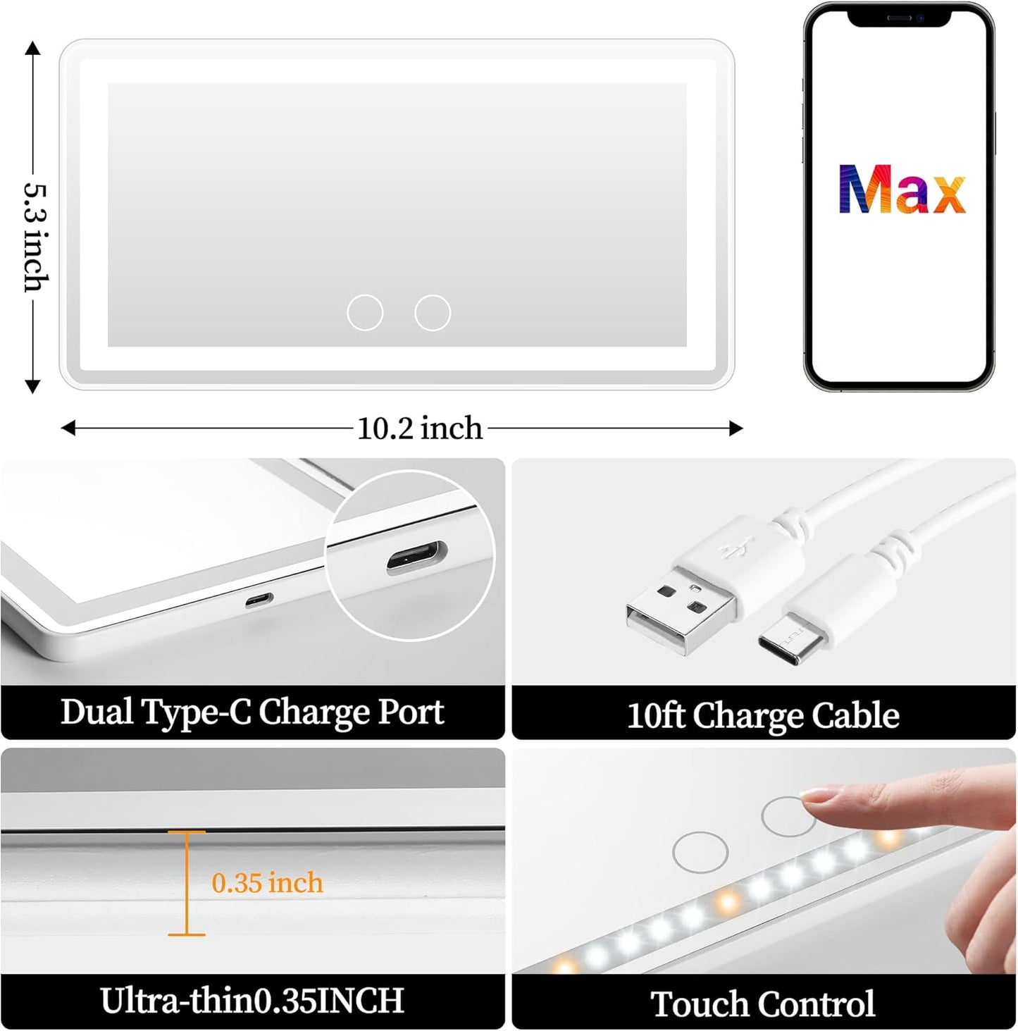 Car Sun Visor Vanity Mirror with Lights, Rechargeable Car Makeup Mirror Accessories, Birthday Gifts for Women Girl, 3 Light Modes, Dimmable Touch Led Screen, Universal for Car Truck