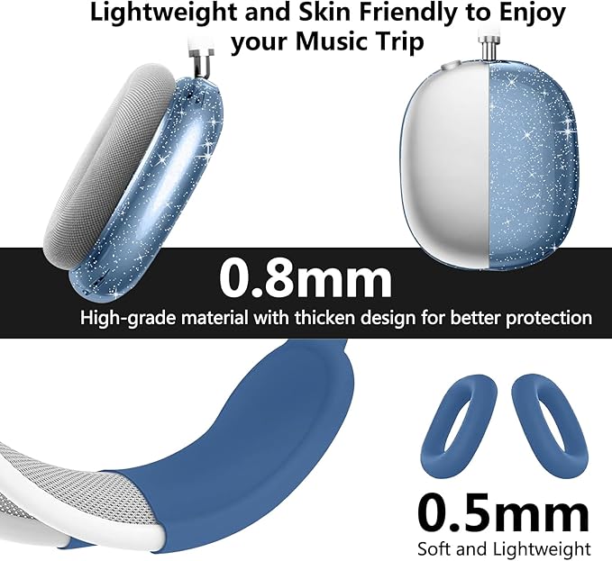 for AirPods Max Clear Blue Glitter Case, 3 in 1 Soft TPU Ear Cups and Pad Cover, Headband Cover for AirPod Max Accessories - Shinning