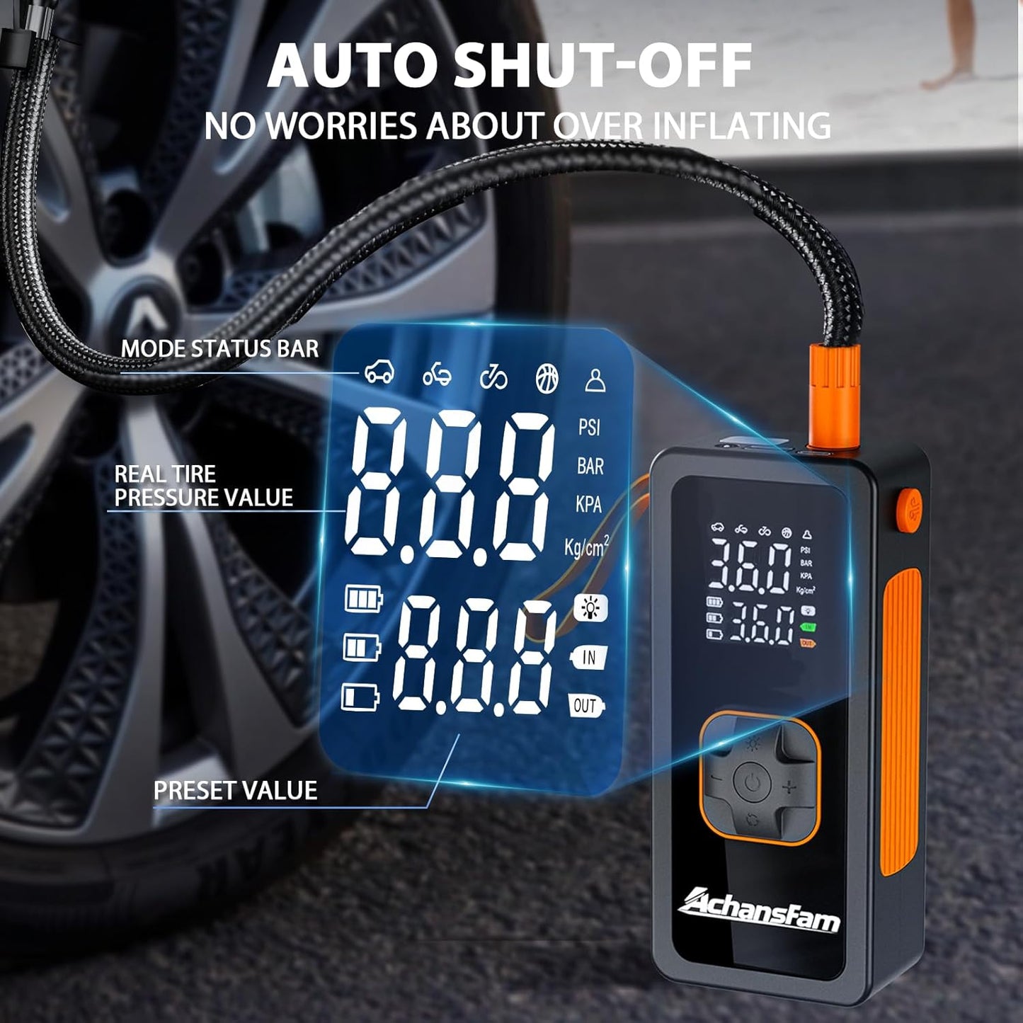 Tire Inflator Portable Air Compressor - Air Pump with Digital Pressure Gauge, 150PSI, LED Light, Auto Shut-Off Function - Cordless Pump for Car, Motorcycle, Bicycle, Balls and Lawn Equipment