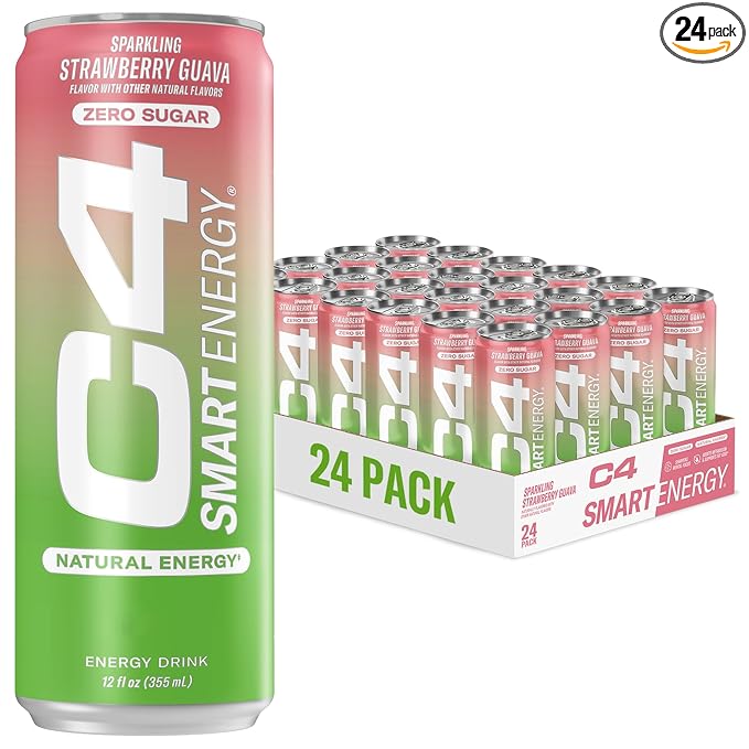 C4 Smart Energy Drink - Sugar Free Performance Fuel & Nootropic Brain Booster, Coffee Substitute or Alternative | Strawberry Guava 12 Oz - 24 Pack