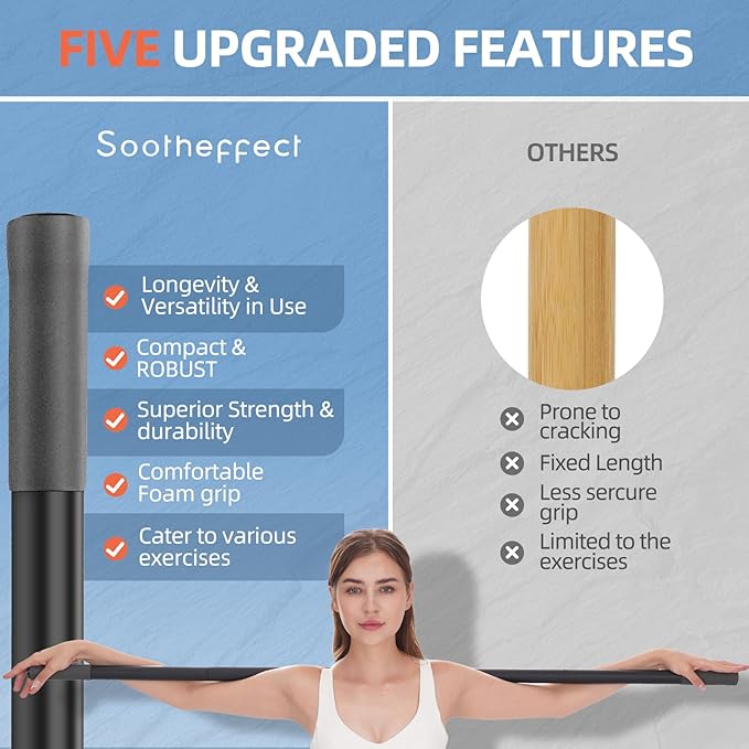 Yoga Stick 5 ft Sturdy Steel, Adjustable Stretching Stick for Mobility, Flexibility and Balance, Versatile Exercise Stick with 4 Steel Rods & Foam Handles for Fitness, Rehabilitation, and Posture