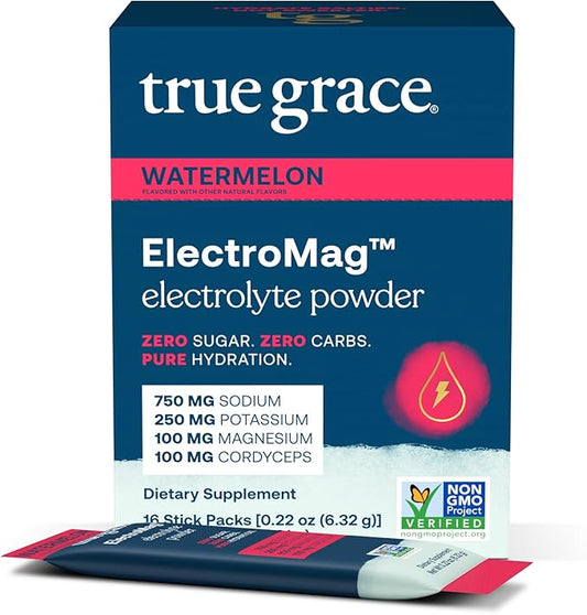 True Grace ElectroMag - 16 Stick Packs - Watermelon - Electrolyte Powder for Rapid Hydration - Sodium, Potassium, Magnesium & Cordyceps - Zero Sugar & Carbs - Non-GMO - 16 Total Servings