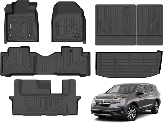 GINOWY- Floor Mats & Cargo Liner for Honda Pilot 2009-2015, All Weather Protection Car Mats Pilot 2015 Non-Slip Waterproof Pilot Trunk Mat Backrest Mats Automotive Floor Liners Accessories Black
