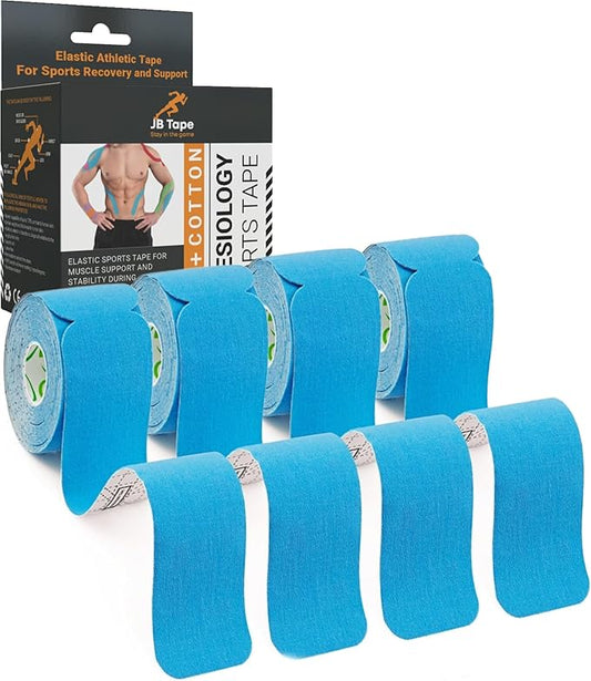 JB Tape Precut Kinesiology Strips 4 Rolls | 80 Count, 10" | Elastic, Latex-Free, Water Resistant | Athletic Sports Tape for Body, Joint & Muscle Support | Blue