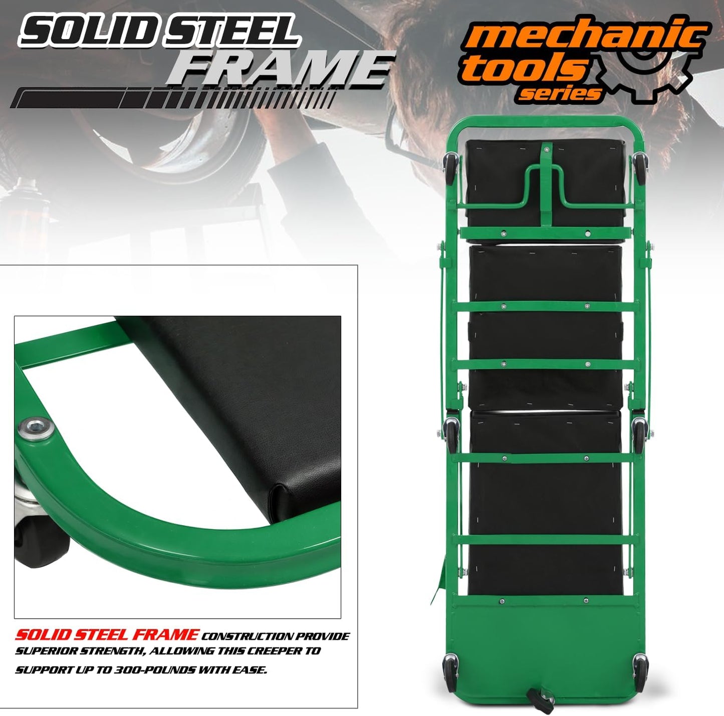 M-AUTO Heavy-Duty Convertible Mechanic Creeper, Z-Creeper 2-in-1 Creeper and Seat 48" Padded Adjustable Headrest Roller Garage Chair with 7 Swivel Casters for Washing, Detailing, Maintenance, Green