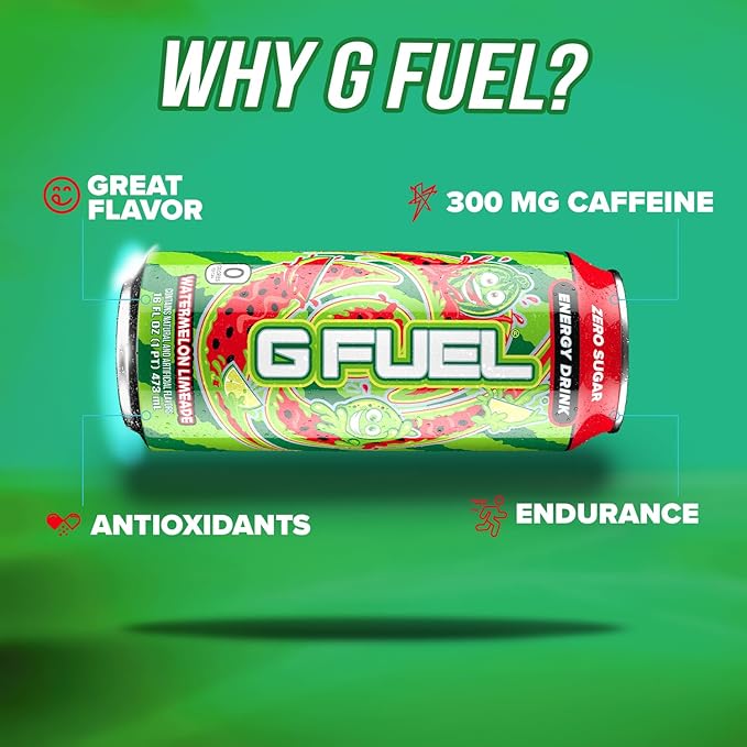 G Fuel Energy Drink, Watermelon, Sugar Free Beverage with 300mg Caffeine, Daily Energy Boost with Focus Amino, Vitamin + Antioxidants, 16 oz Cans (Watermelon Limeade, 12-Pack)