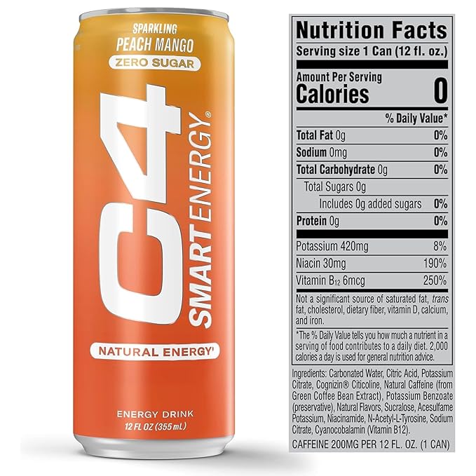 Cellucor C4 Smart Energy Drink ‚ Boost Focus and Energy with Zero Sugar, Natural Energy, and Nootropics - 200mg Caffeine - Peach Mango (12oz Pack of 12)