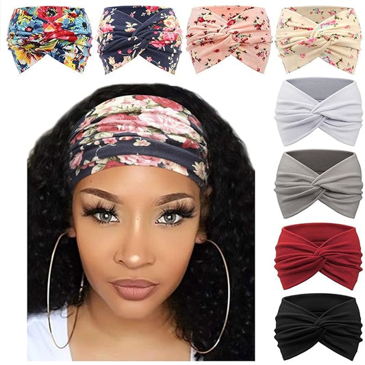 DRESHOW 8 Pcs Women Headbands for Hair Styling, Hair Securing, Workout, Daily Wear. African Wide Turban Vintage Wrap Style. 95% Polyester, 5% Spandex. One Size Fits Most. 8 Count (Pack of 1)