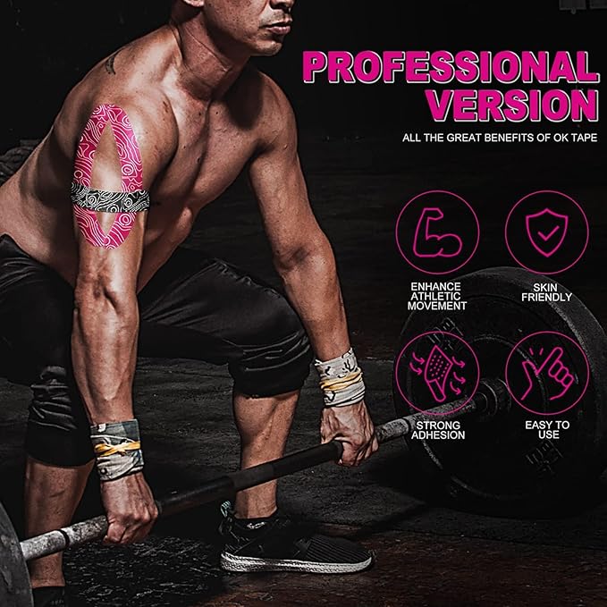 OK TAPE PRO Kinesiology Tape Uncut Roll, Elastic Physical Therapy Athletic Tape for Pain Relief, Muscle Support, Kinetic Tape, Water Resistant, 2in X 16.4ft -Pink 2 Rolls