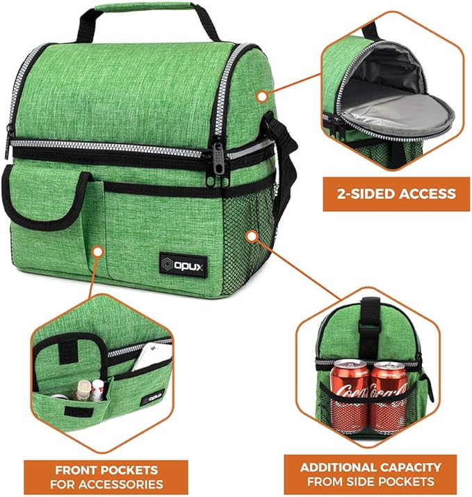 opux Lunch Box for Men, Adult Lunch Box Cooler, Insulated Lunch Bag Women, Dual Compartment Lunchbox for Work, Leakproof Double Decker Lunch Bag, Soft Lunch Pail Tote Boys Girls Kids School, Green