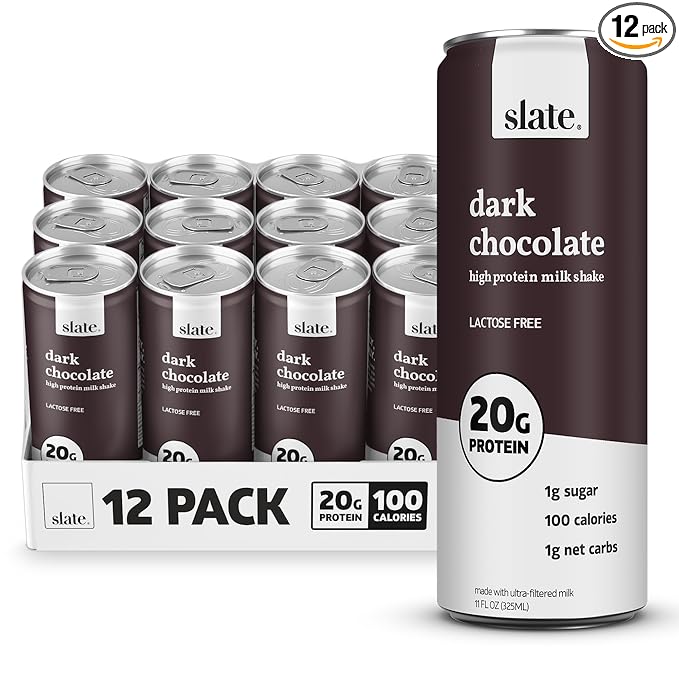 Slate Milk - High Protein Milk Shake - Dark Chocolate - Lactose Free, 20g Protein, 1g Sugar, 100 Calories, 1g Net Carbs, No Added Sugar - Natural, Breakfast Boost, Post Workout - 11 fl oz, 12 Cans