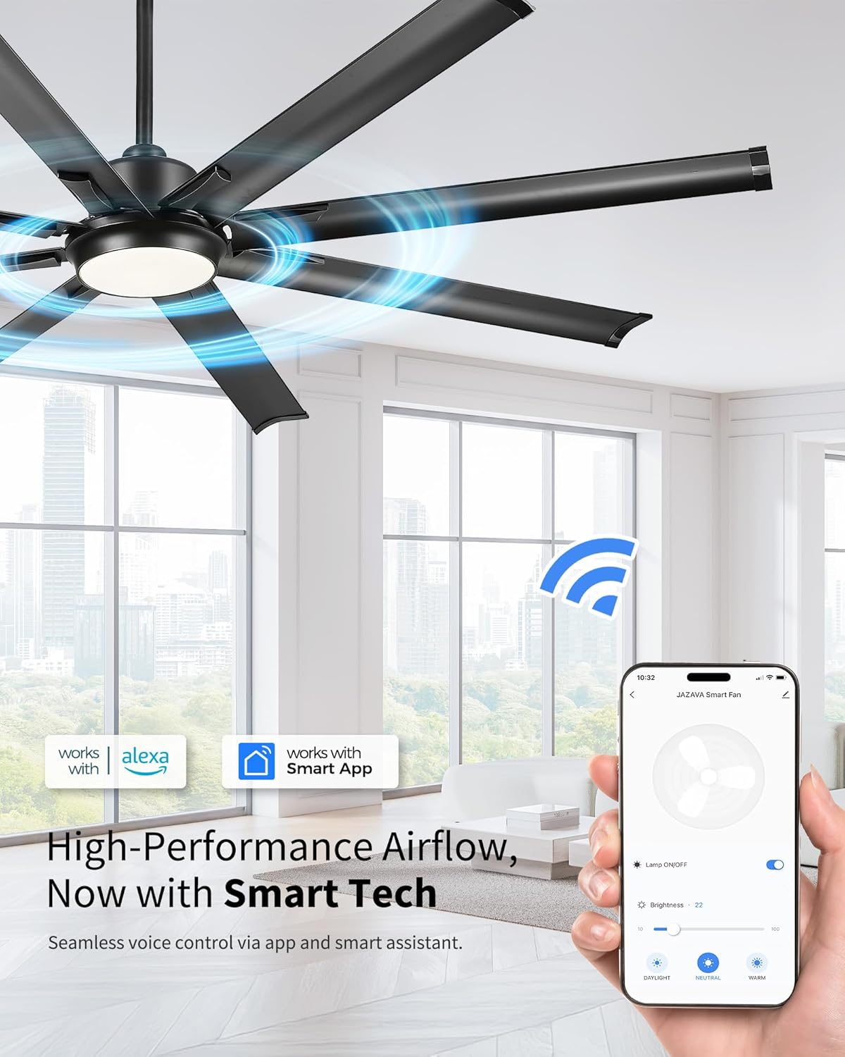 72 Inch Ceiling Fan With Light,Industrial Ceiling Fan With 8 Aluminium Metal Blades,Smart Fan Work with Alexa,Garage Indoor/Outdoor Fan For Living Room and Patio,CF04BK-72