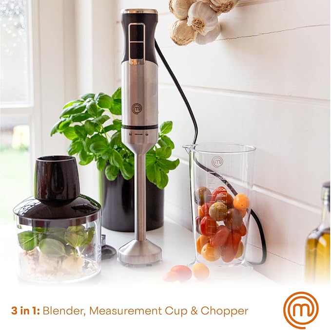 MasterChef Immersion Blender Handheld, Stainless Steel Hand Held Blending Stick Emulsifier with Chopper Attachment and Measuring Jug, Puree Blender for Making Baby Food, Soup, Sauces etc, 400W