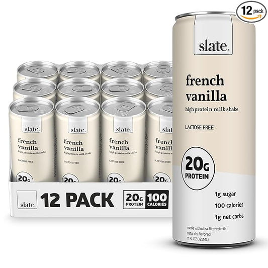 Slate Milk - High Protein Milk Shake - French Vanilla - Lactose Free, 20g Protein, 1g Sugar, 100 Calories, 1g Net Carbs, No Added Sugar - Natural, Breakfast Boost, Post Workout - 11 fl oz, 12 Cans